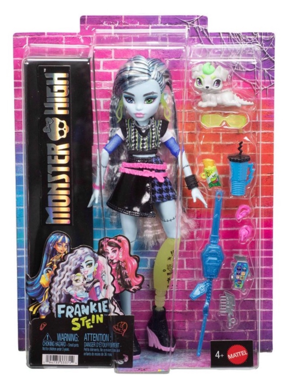 Monster High Frankie Stein Fashion Doll in Black Pleather Skirt with Pet Watzie